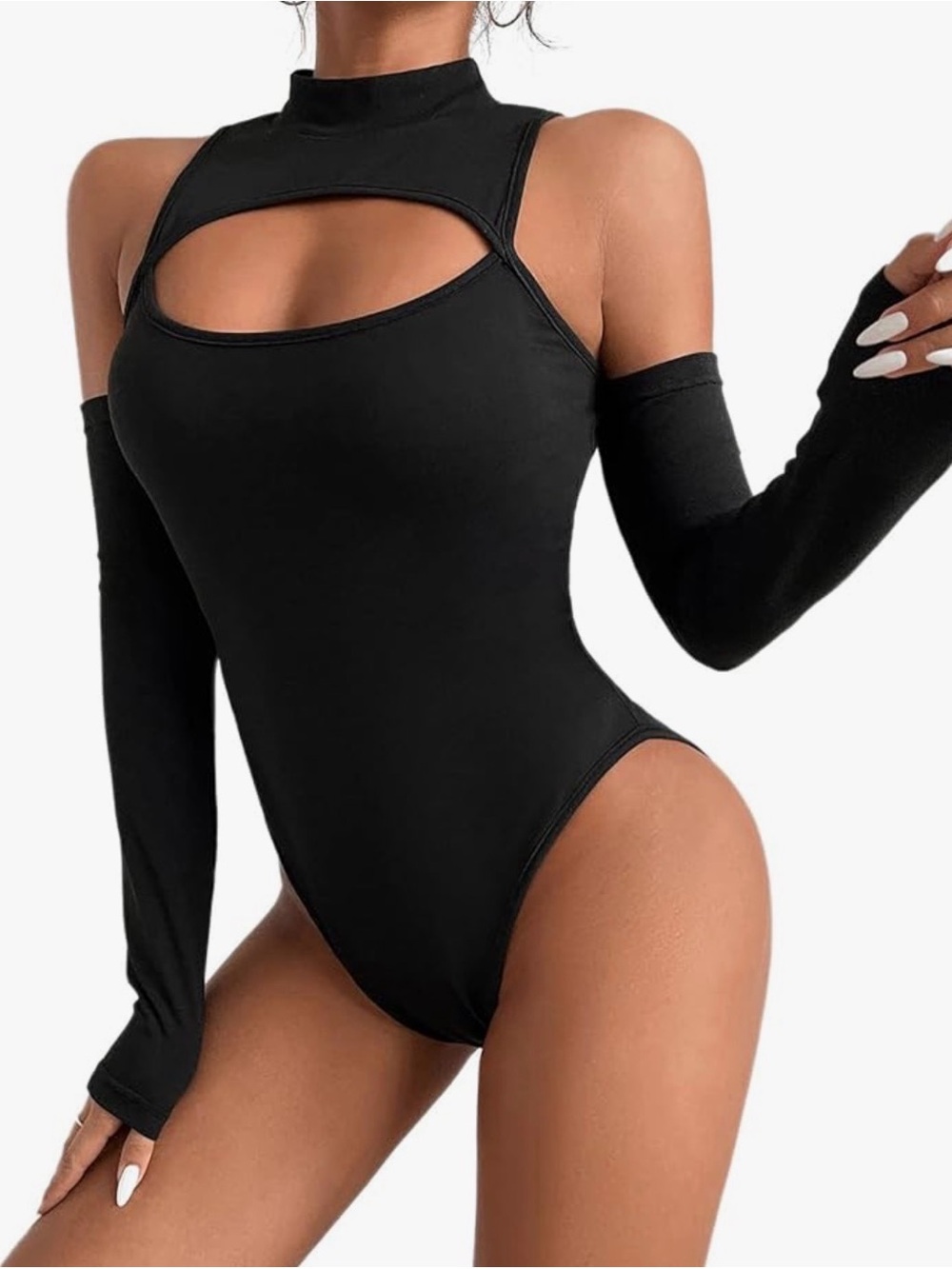 Black Cutout Long-Sleeve Bodysuit for Women